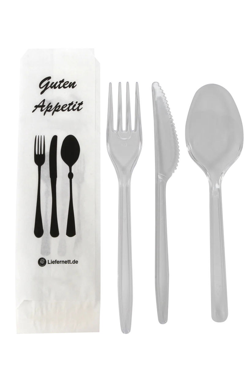 50er Mehrwegbesteck Set 4 in 1: Gabeln, Messer,Löffel Serviette einzeln verpackt