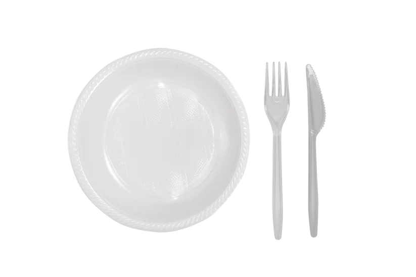 Party SET: Je 50 mehrweg Plastikteller,Gabel,Messer