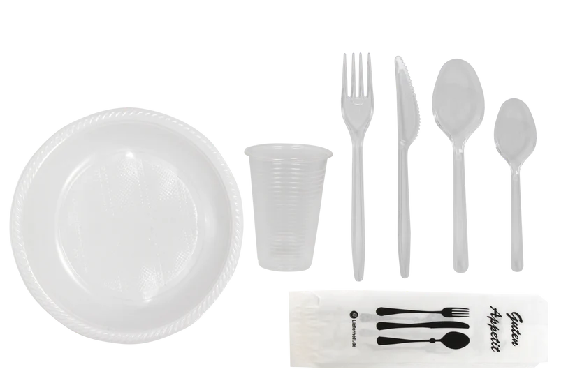 .Party SET: Je 100 mehrweg Plastikteller,Gabel,Messer,Löffel,Becher,Kaffelöffel