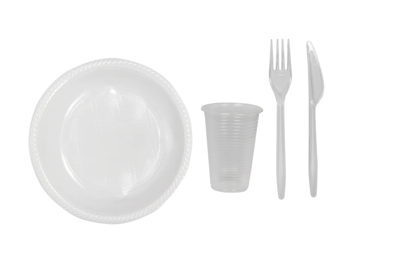 Party SET: Je 100 mehrweg Plastikteller,Gabel,Messer,Becher
