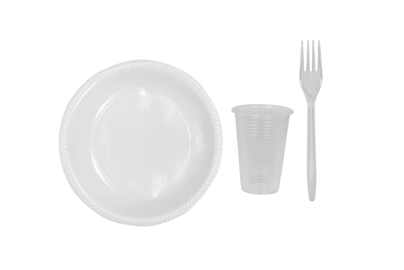Party SET: Je 100 mehrweg Plastikteller,Gabel,Becher