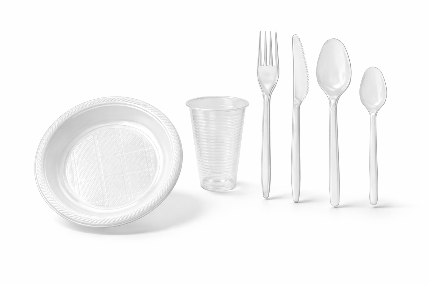 .Party SET: Je 100 mehrweg Plastikteller,Gabel,Messer,Löffel,Becher,Kaffelöffel 🚚 Versand mit GLS: 5,90 € deutschlandweit