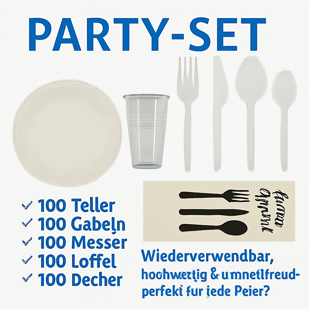.Party SET: Je 100 mehrweg Plastikteller,Gabel,Messer,Löffel,Becher,Kaffelöffel