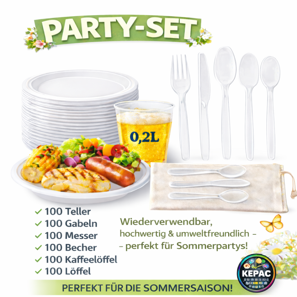 Party SET: Je 100 mehrweg Plastikteller,Gabel,Messer,Löffel,Becher, – KEPAC Shop
