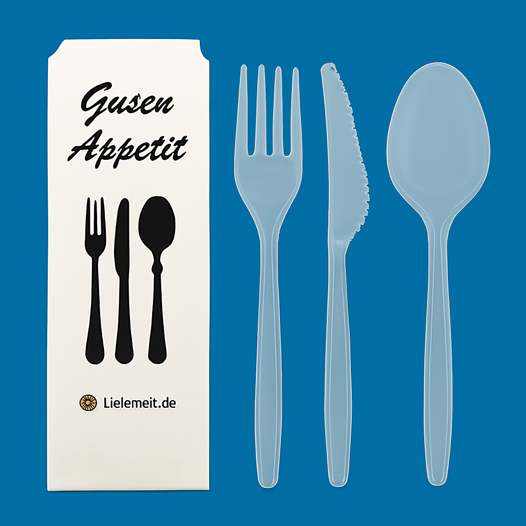 50er Mehrwegbesteck Set 4 in 1: Gabeln, Messer,Löffel Serviette einzeln verpackt