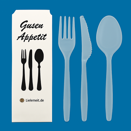 50er Mehrwegbesteck Set 4 in 1: Gabeln, Messer,Löffel Serviette einzeln verpackt