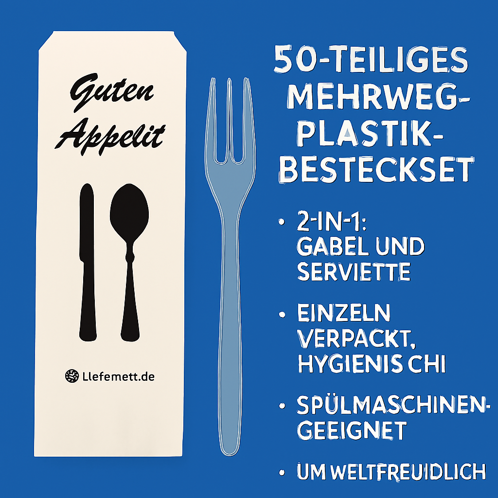 50 Stück Mehrweg PlastikBesteckset 2 in 1 Gabel, Serviette einzeln verpackt