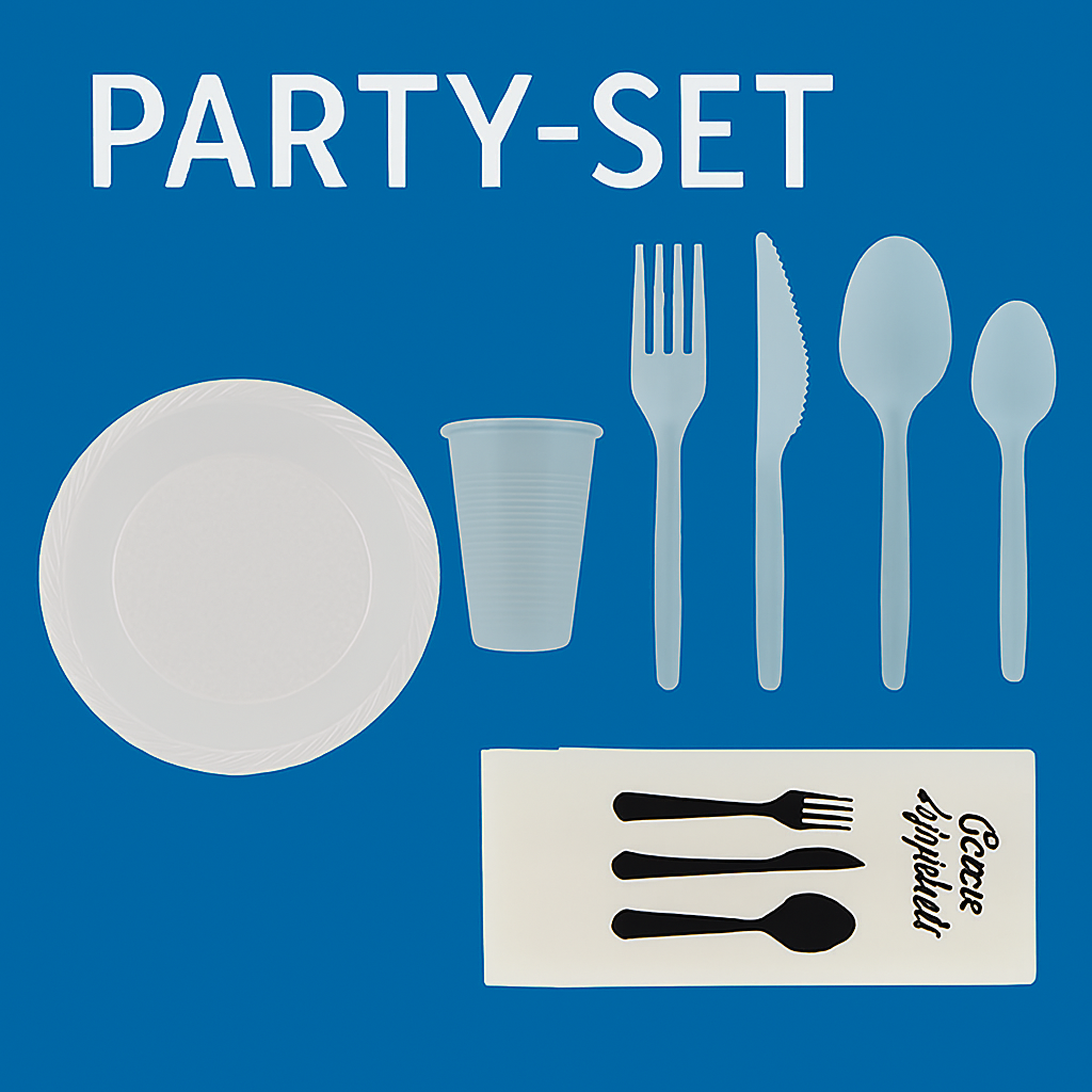 .Party SET: Je 100 mehrweg Plastikteller,Gabel,Messer,Löffel,Becher,Kaffelöffel