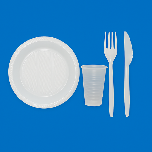 Party SET: Je 100 mehrweg Plastikteller,Gabel,Messer,Becher