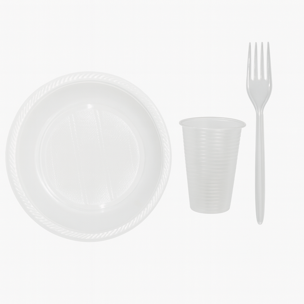 Party SET: Je 100 mehrweg Plastikteller,Gabel,Becher