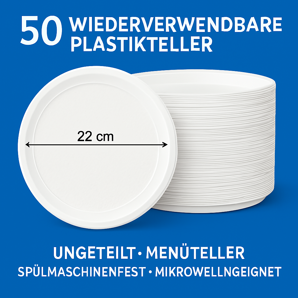 .50 Plastikteller 22cm - Weiß Rund - ungeteilt - Menüteller Plastik Teller