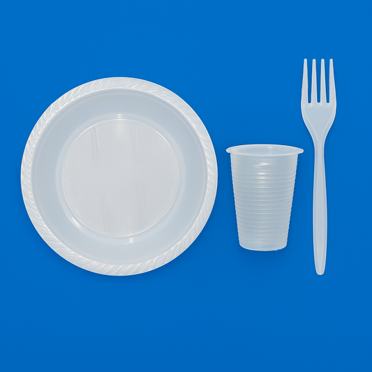 Party SET: Je 100 mehrweg Plastikteller,Gabel,Becher