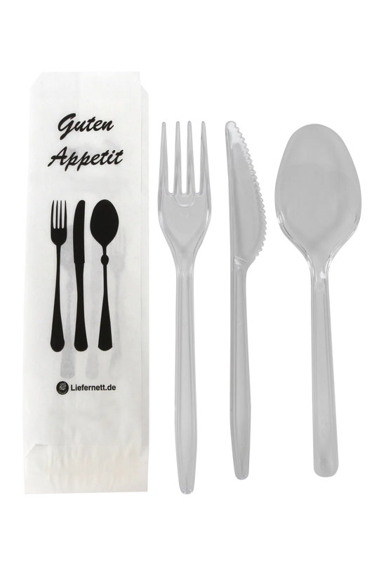 50er Mehrwegbesteck Set 4 in 1: Gabeln, Messer,Löffel Serviette einzeln verpackt