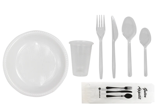 Party SET: Je 100 mehrweg Plastikteller,Gabel,Messer,Löffel,Becher,Kaffelöffel