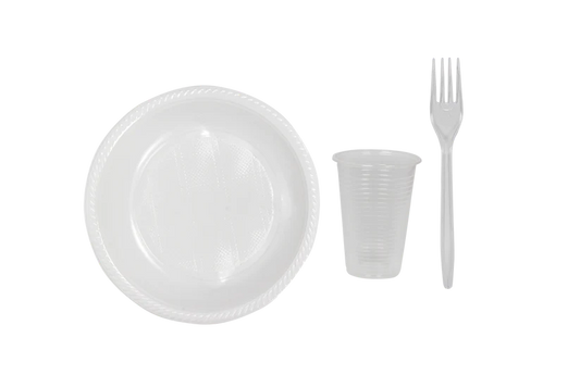 Party SET: Je 100 mehrweg Plastikteller,Gabel,Becher