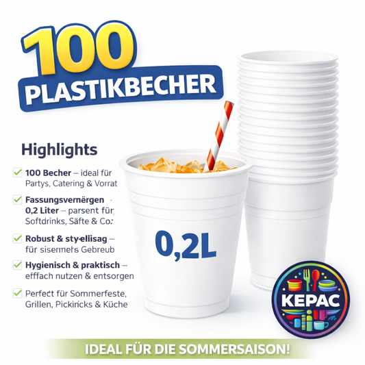 *100 Trinkbecher Ausschankbecher Plastikbecher weiß 0,2 Liter 🚚 Versand mit GLS: 5,90 € deutschlandweit