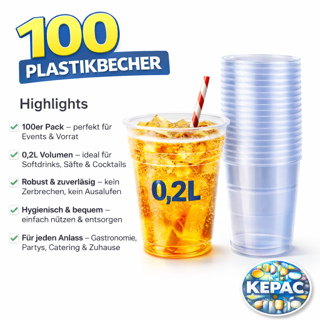 ****100 Trinkbecher Ausschankbecher Plastikbecher glasklar 0,2 Liter 🚚 Versand mit GLS: 5,90 € deutschlandweit