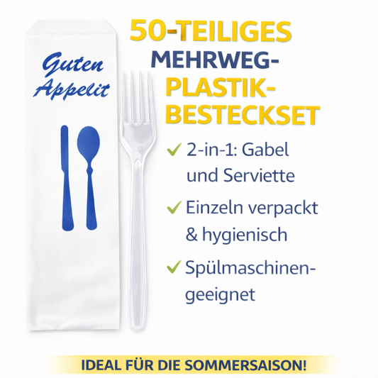 50 Stück Mehrweg PlastikBesteckset 2 in 1 Gabel, Serviette einzeln verpackt 🚚 Versand mit GLS: 5,90 € deutschlandweit