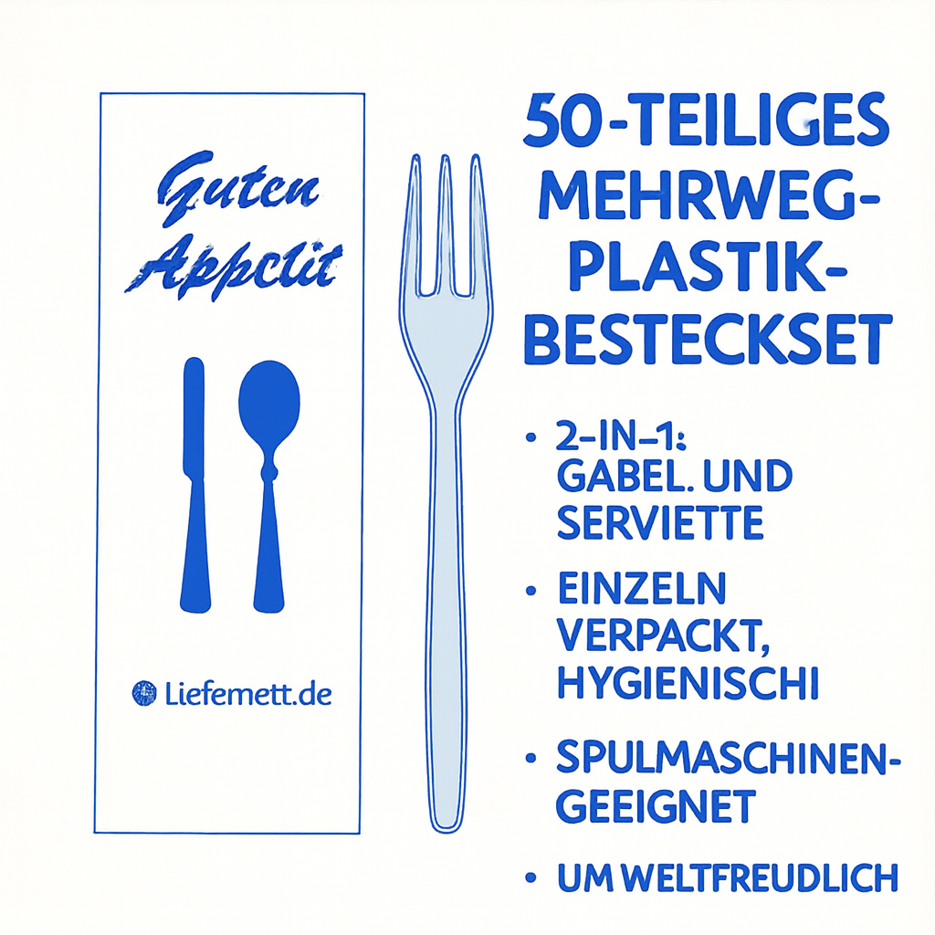 50 Stück Mehrweg PlastikBesteckset 2 in 1 Gabel, Serviette einzeln verpackt