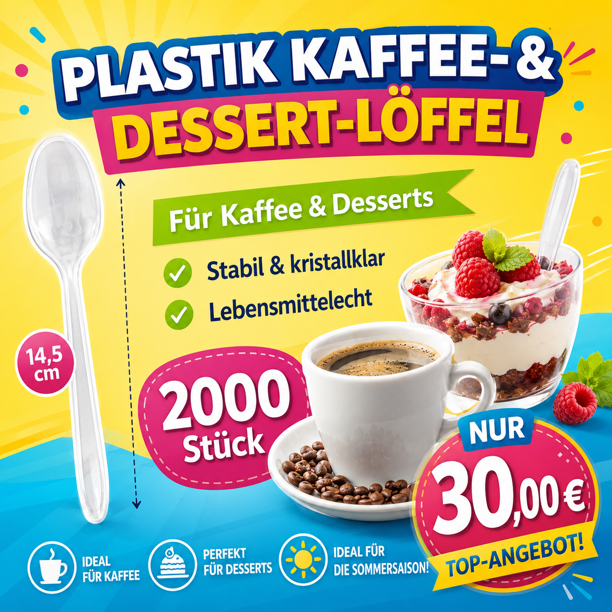 ****2000 Stück Dessert, Eis, Kaffeelöffel Plastik Glasklar Mehrweg 14,5 cm 🚚 Versand mit GLS: 5,90 € deutschlandweit