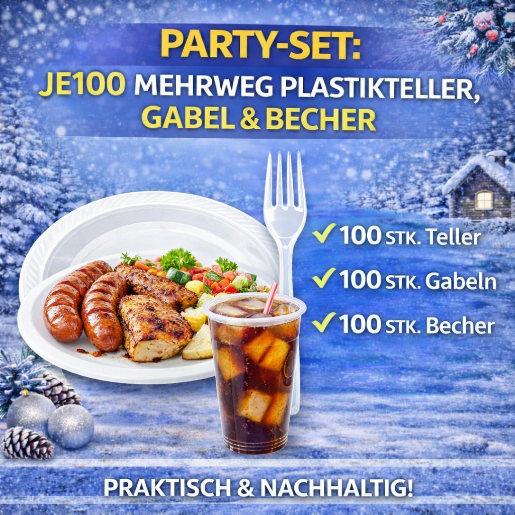 Party SET: Je 100 mehrweg Plastikteller,Gabel,Becher 🚚 Versand mit GLS: 5,90 € deutschlandweit