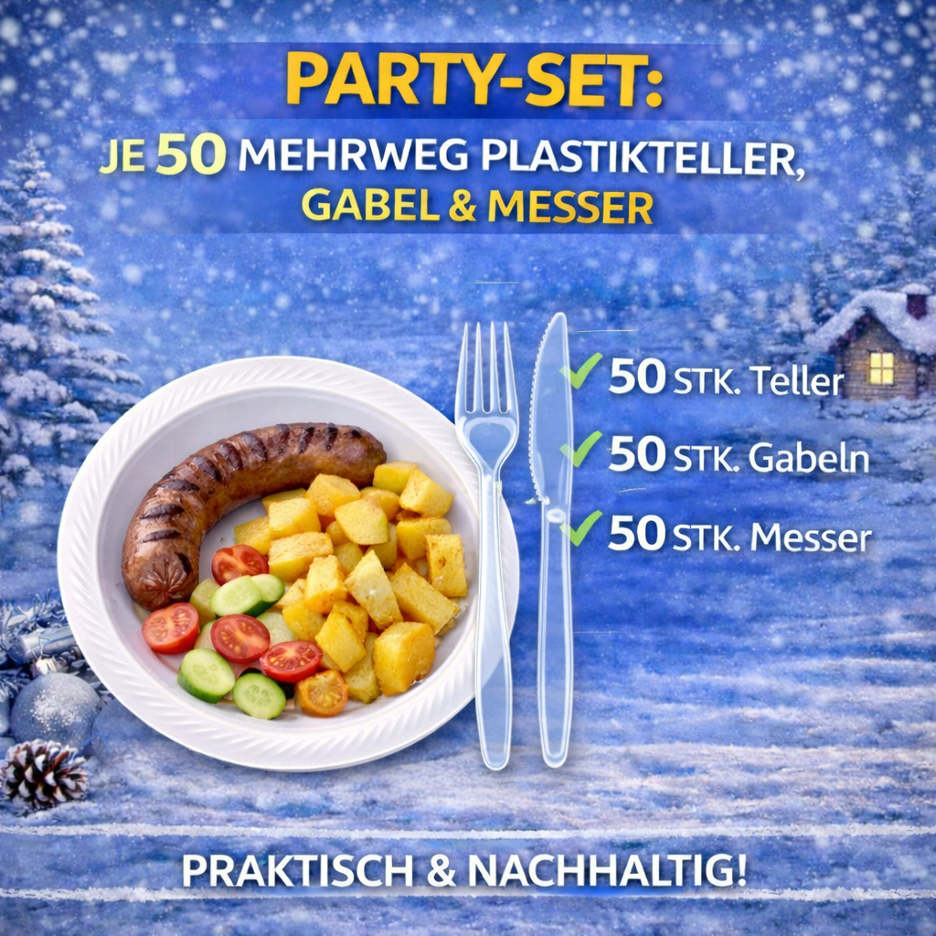 Party SET: Je 50 mehrweg Plastikteller,Gabel,Messer 🚚 Versand mit GLS: 5,90 € deutschlandweit