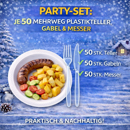 Party SET: Je 50 mehrweg Plastikteller,Gabel,Messer 🚚 Versand mit GLS: 5,90 € deutschlandweit