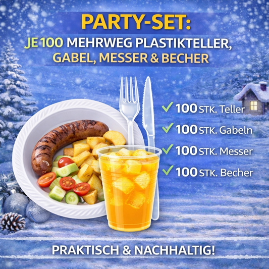 Party SET: Je 100 mehrweg Plastikteller,Gabel,Messer,Becher 🚚 Versand mit GLS: 5,90 € deutschlandweit