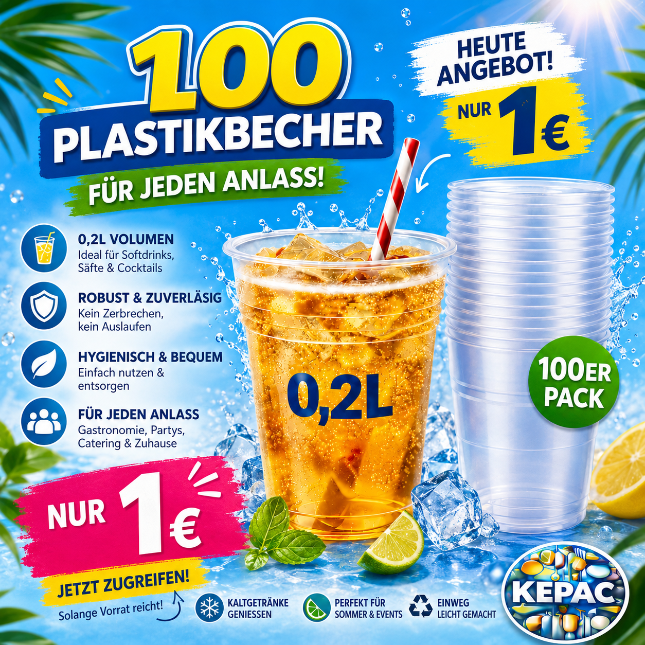 ****100 Trinkbecher Ausschankbecher Plastikbecher glasklar 0,2 Liter 🚚 Versand mit GLS: 5,90 € deutschlandweit