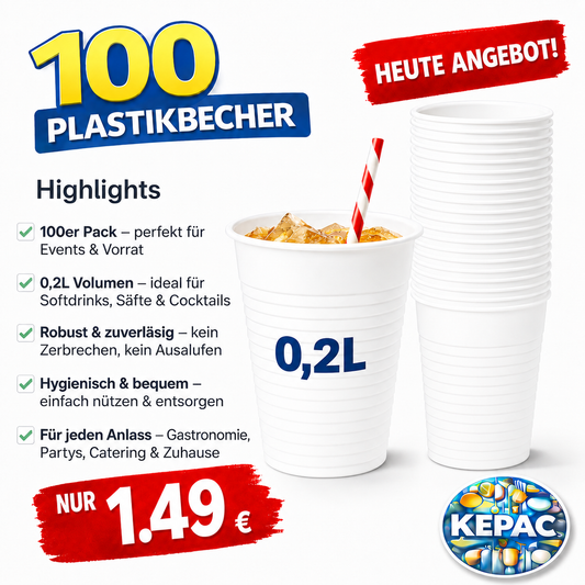 ****100 Trinkbecher Ausschankbecher Plastikbecher weiß 0,2 Liter 🚚 Versand mit GLS: 5,90 € deutschlandweit