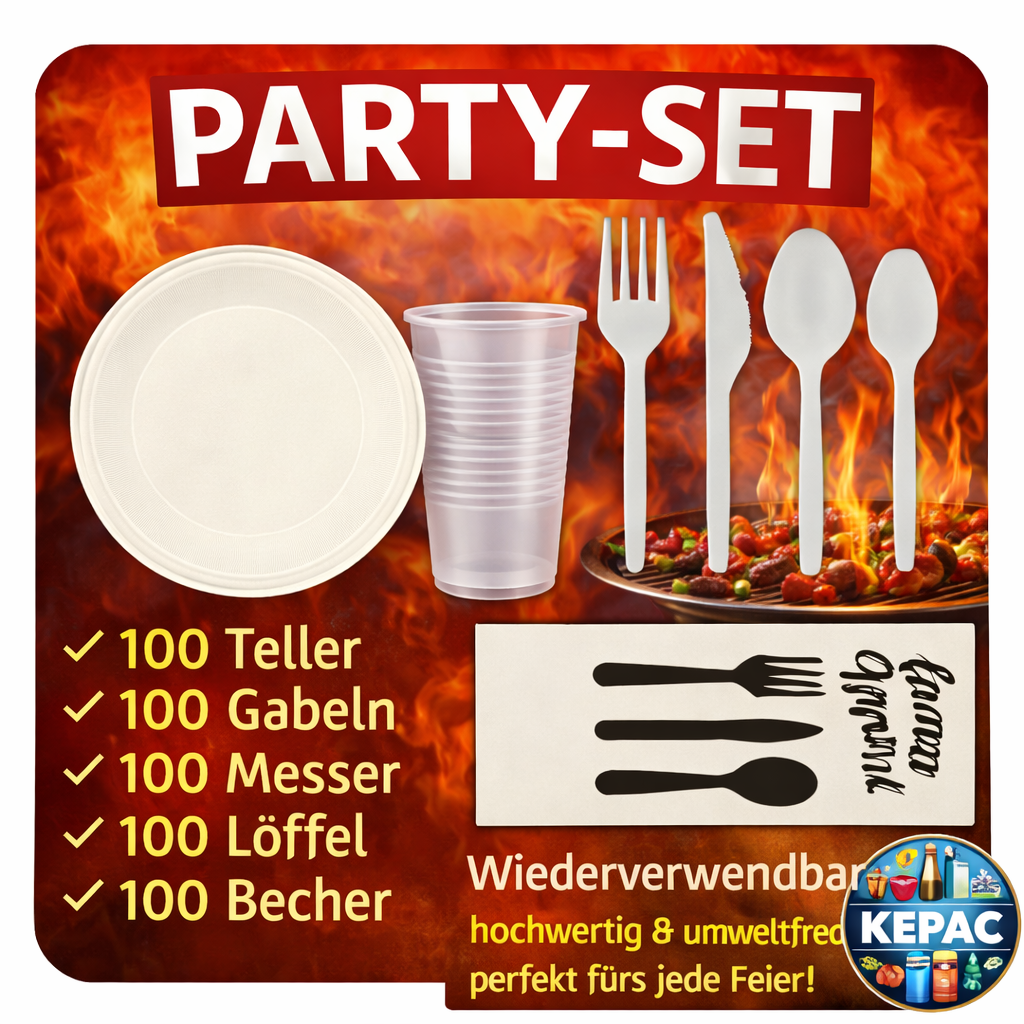 .Party SET: Je 100 mehrweg Plastikteller,Gabel,Messer,Löffel,Becher,Kaffelöffel 🚚 Versand mit GLS: 5,90 € deutschlandweit