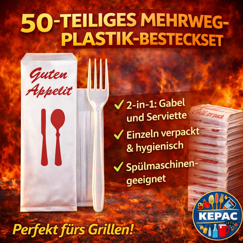 50 Stück Mehrweg PlastikBesteckset 2 in 1 Gabel, Serviette einzeln verpackt 🚚 Versand mit GLS: 5,90 € deutschlandweit