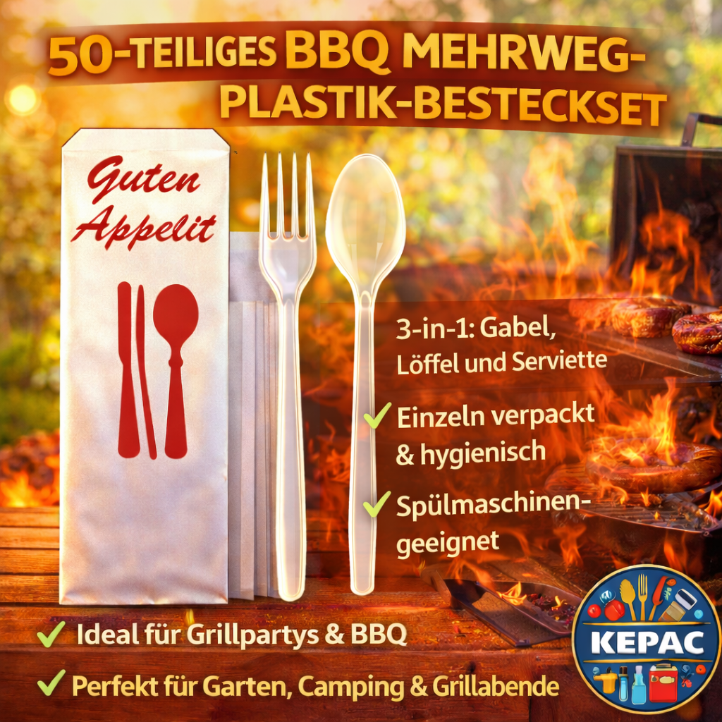 50 Stück Mehrweg PlastikBesteckset 3 in 1 Gabel, Löffel Serviette einzeln verpackt 🚚 Versand mit GLS: 5,90 € deutschlandweit