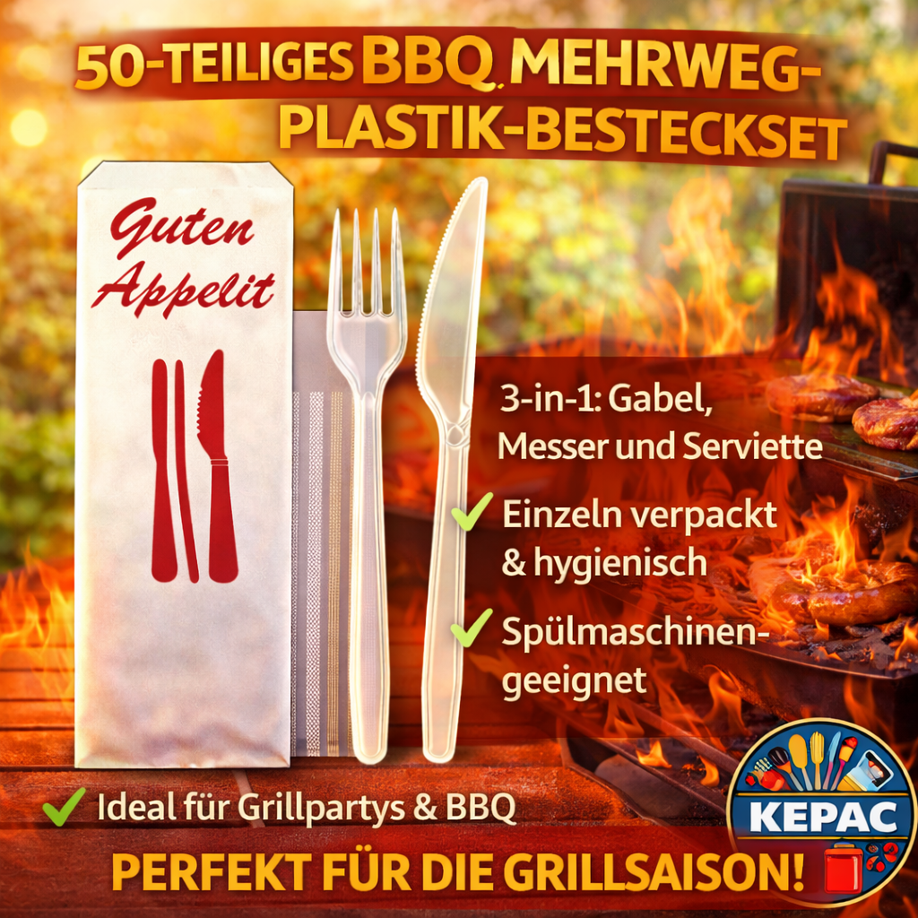 50er Mehrwegbesteck Set 3 in 1: Gabeln, Messer, Serviette einzeln verpackt 🚚 Versand mit GLS: 5,90 € deutschlandweit