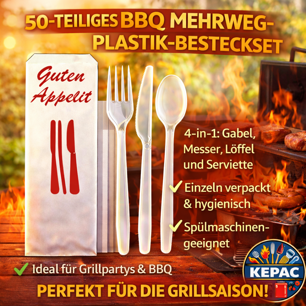 50er Mehrwegbesteck Set 4 in 1: Gabeln, Messer,Löffel Serviette einzeln verpackt 🚚 Versand mit GLS: 5,90 € deutschlandweit