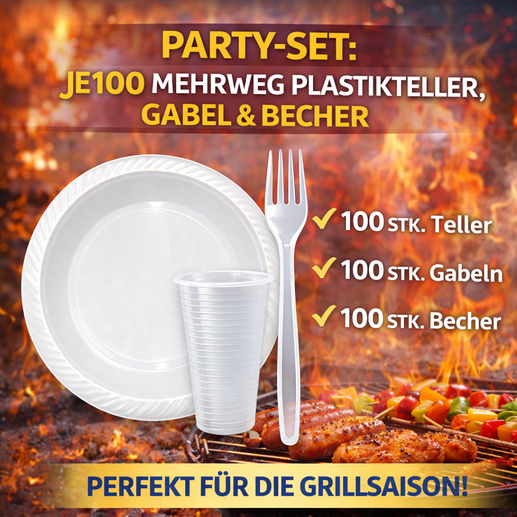 Party SET: Je 100 mehrweg Plastikteller,Gabel,Becher 🚚 Versand mit GLS – KEPAC Shop
