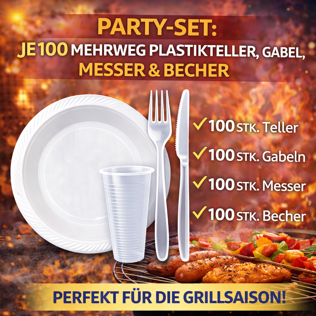 Party SET: Je 100 mehrweg Plastikteller,Gabel,Messer,Becher 🚚 Versand mit GLS: 5,90 € deutschlandweit