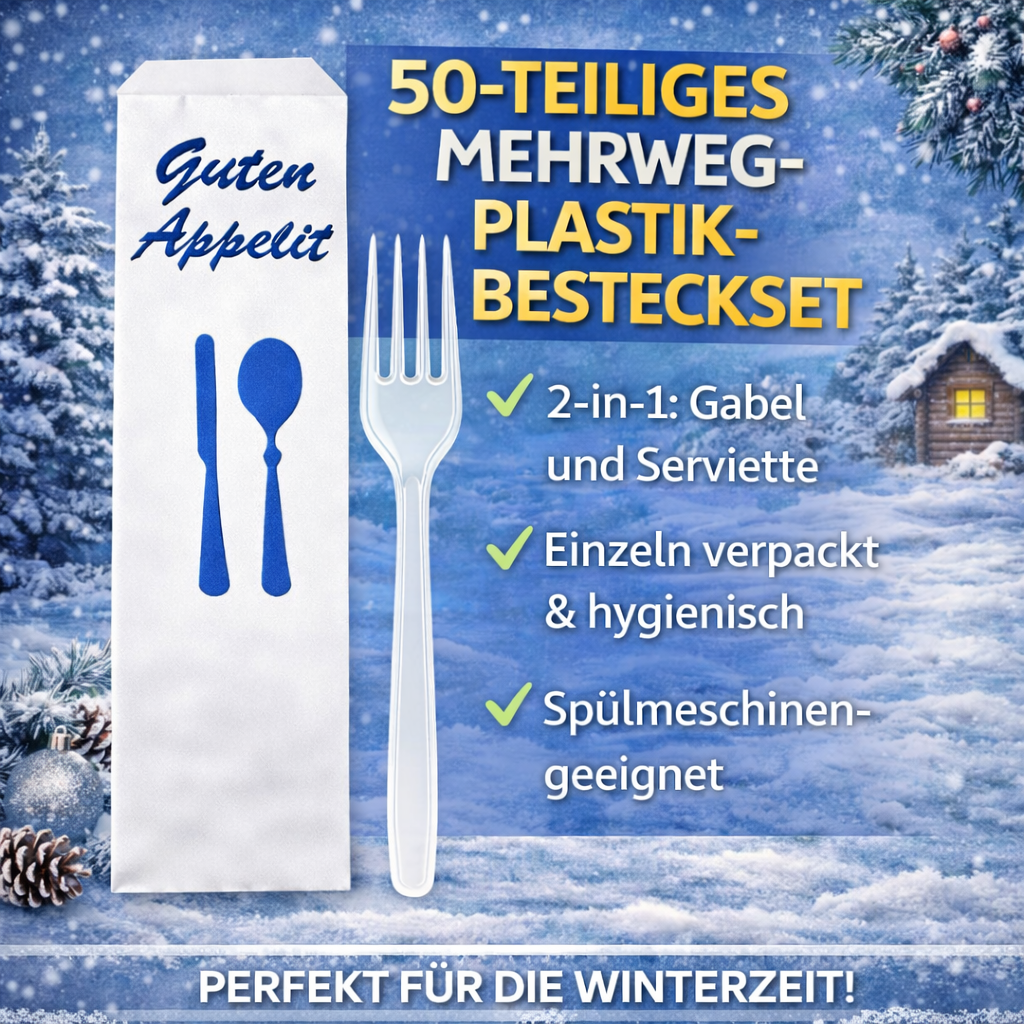 50 Stück Mehrweg PlastikBesteckset 2 in 1 Gabel, Serviette einzeln verpackt 🚚 Versand mit GLS: 5,90 € deutschlandweit
