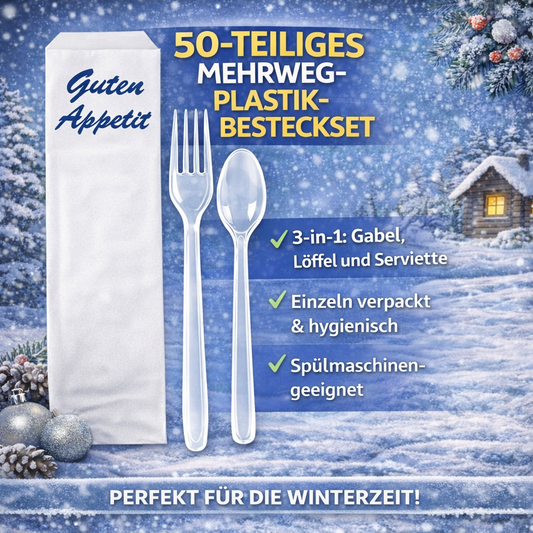 50 Stück Mehrweg PlastikBesteckset 3 in 1 Gabel, Löffel Serviette einzeln verpackt 🚚 Versand mit GLS: 5,90 € deutschlandweit