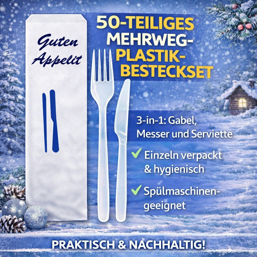 50er Mehrwegbesteck Set 3 in 1: Gabeln, Messer, Serviette einzeln verpackt 🚚 Versand mit GLS: 5,90 € deutschlandweit