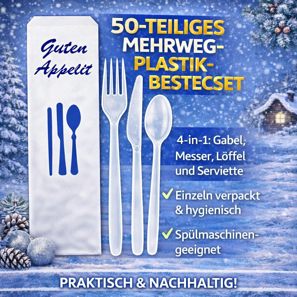 50er Mehrwegbesteck Set 4 in 1: Gabeln, Messer,Löffel Serviette einzeln verpackt 🚚 Versand mit GLS: 5,90 € deutschlandweit
