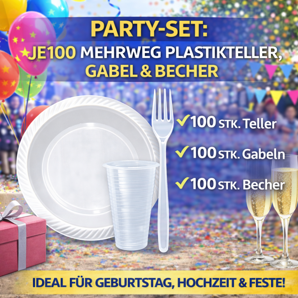 Party SET: Je 100 mehrweg Plastikteller,Gabel,Becher 🚚 Versand mit GLS: 5,90 € deutschlandweit