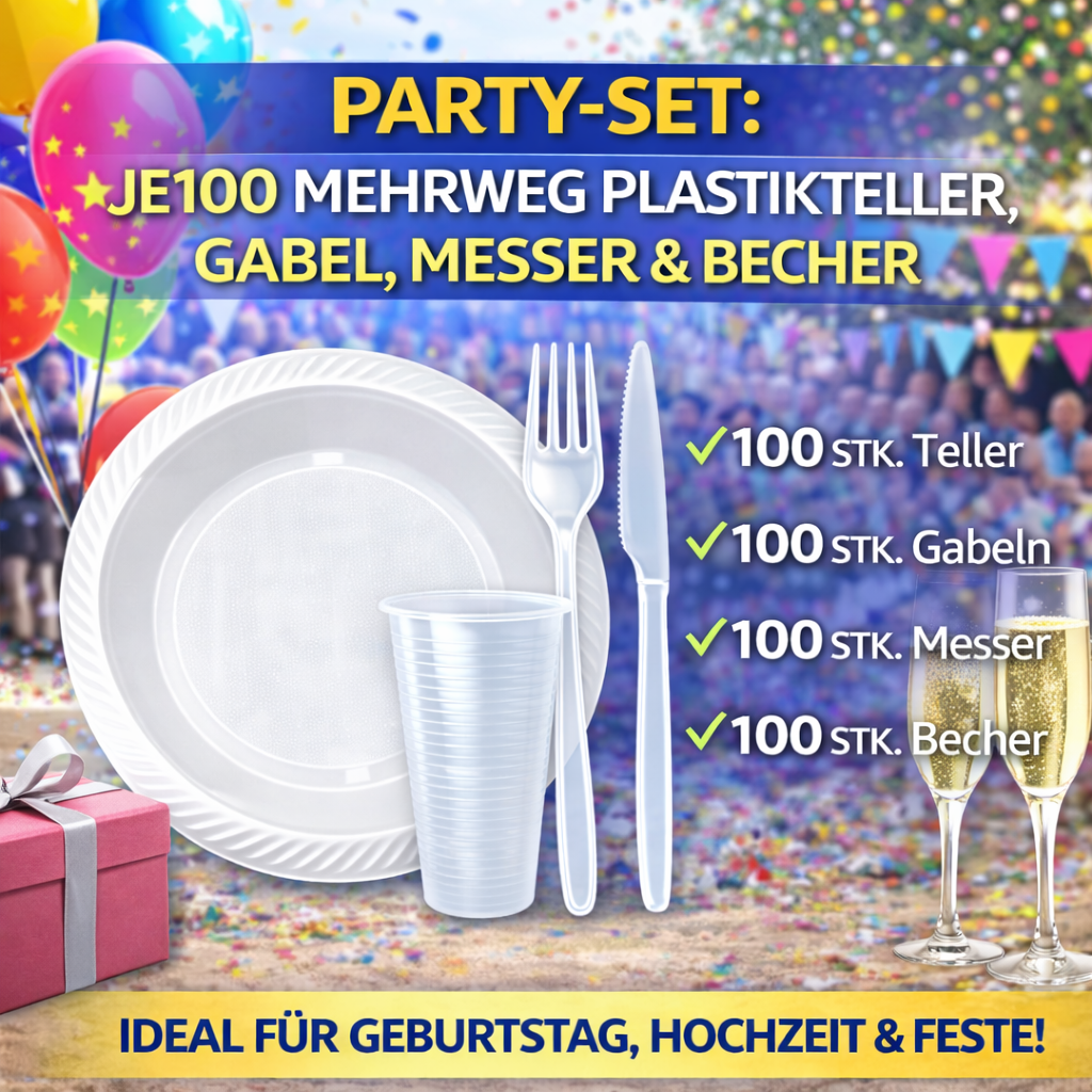 Party SET: Je 100 mehrweg Plastikteller,Gabel,Messer,Becher 🚚 Versand mit GLS: 5,90 € deutschlandweit