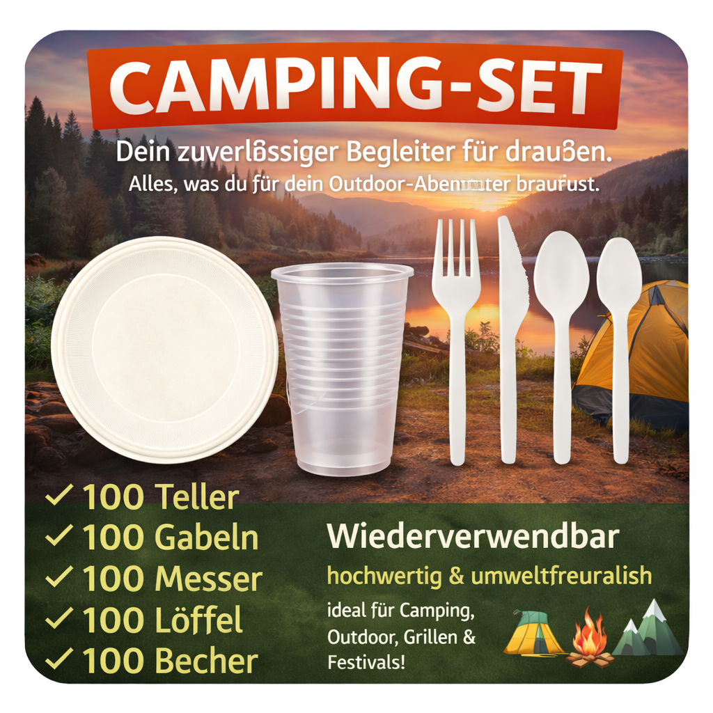 .Party SET: Je 100 mehrweg Plastikteller,Gabel,Messer,Löffel,Becher,Kaffelöffel 🚚 Versand mit GLS: 5,90 € deutschlandweit
