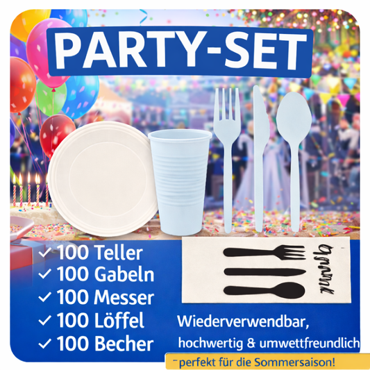 .Party SET: Je 100 mehrweg Plastikteller,Gabel,Messer,Löffel,Becher,Kaffelöffel 🚚 Versand mit GLS: 5,90 € deutschlandweit