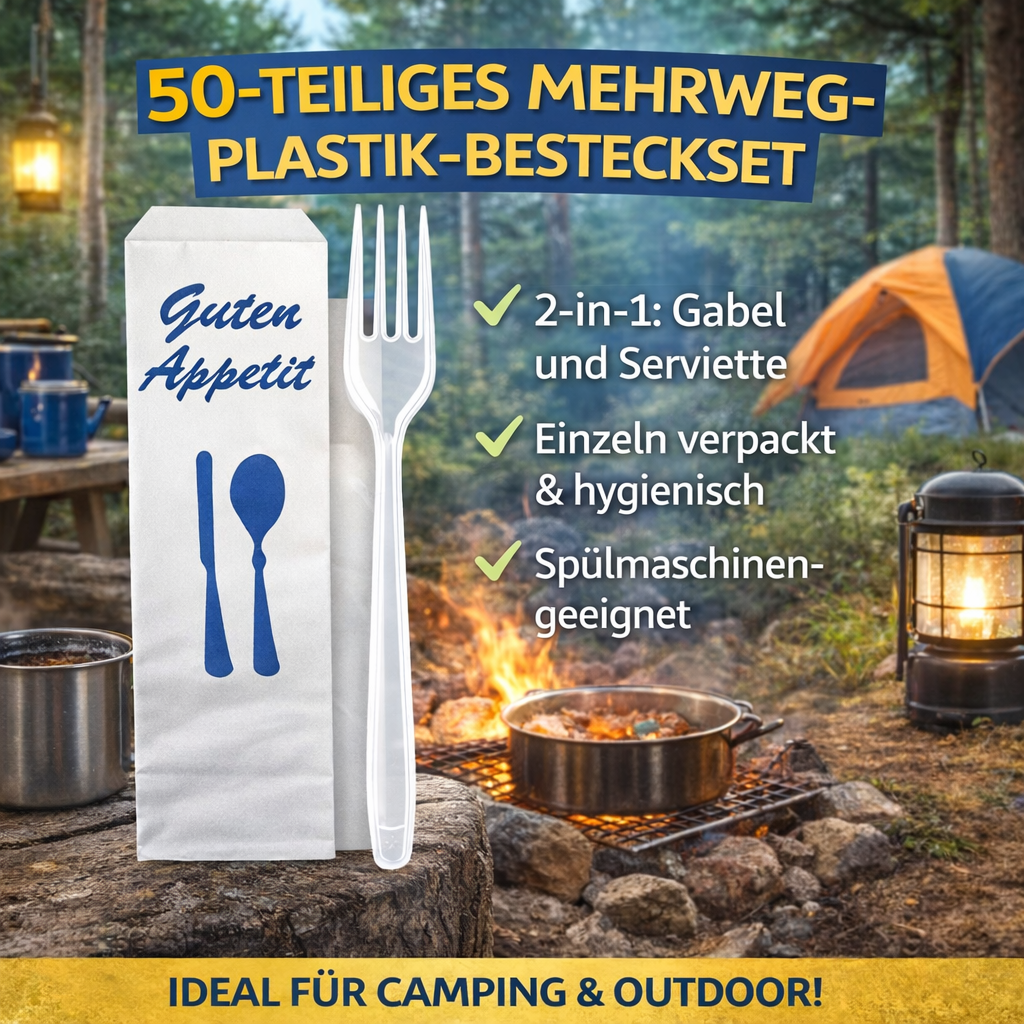 50 Stück Mehrweg PlastikBesteckset 2 in 1 Gabel, Serviette einzeln verpackt 🚚 Versand mit GLS: 5,90 € deutschlandweit