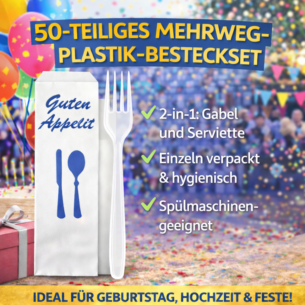 50 Stück Mehrweg PlastikBesteckset 2 in 1 Gabel, Serviette einzeln verpackt 🚚 Versand mit GLS: 5,90 € deutschlandweit