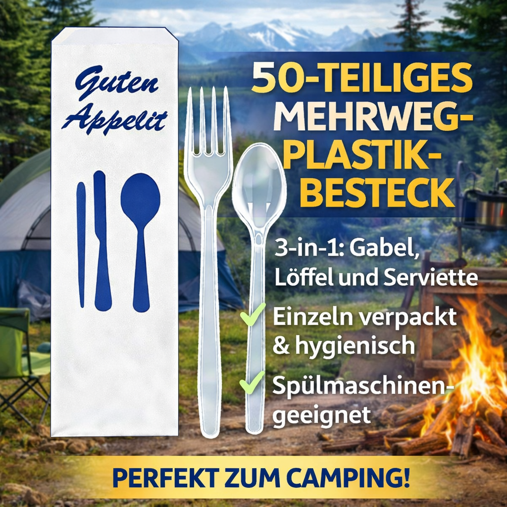 50 Stück Mehrweg PlastikBesteckset 3 in 1 Gabel, Löffel Serviette einzeln verpackt 🚚 Versand mit GLS: 5,90 € deutschlandweit