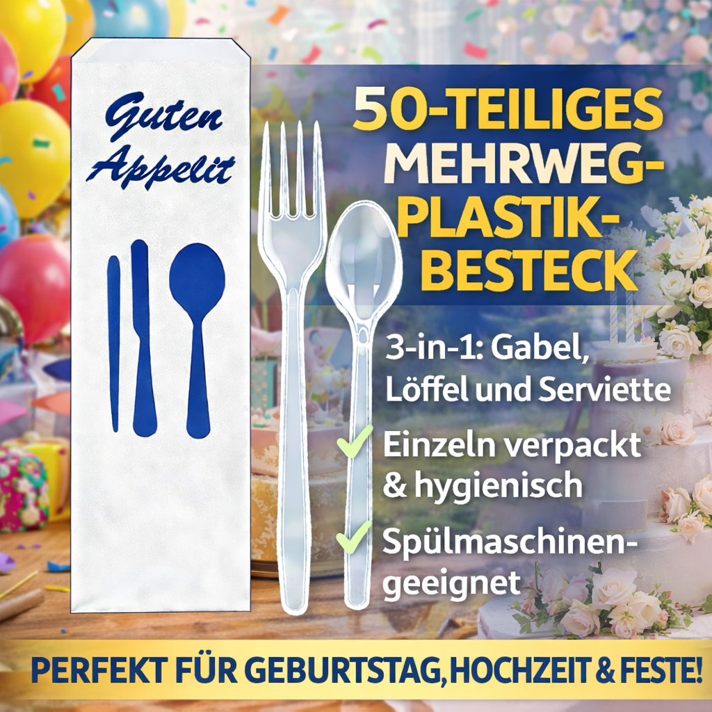 50 Stück Mehrweg PlastikBesteckset 3 in 1 Gabel, Löffel Serviette einzeln verpackt 🚚 Versand mit GLS: 5,90 € deutschlandweit