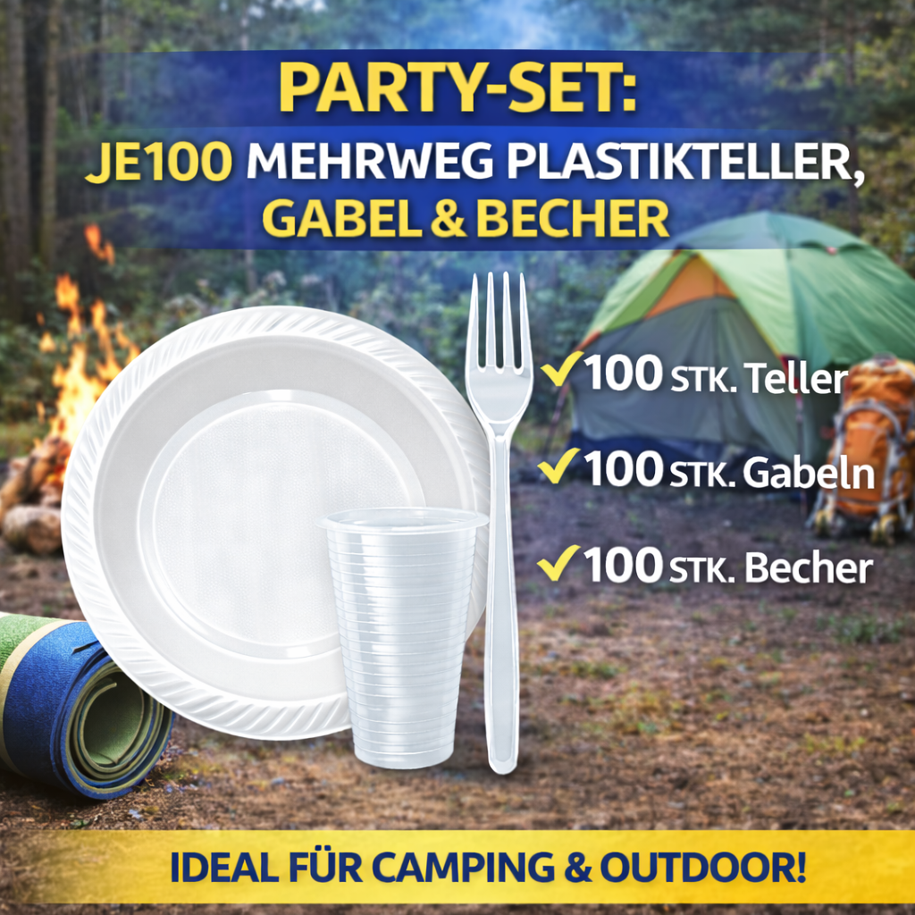 Party SET: Je 100 mehrweg Plastikteller,Gabel,Becher 🚚 Versand mit GLS: 5,90 € deutschlandweit